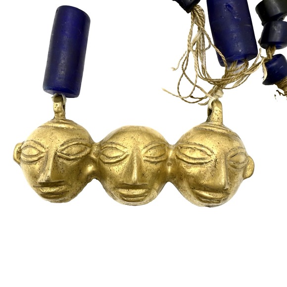 Tribal Jewelry - Vintage BRASS FACE MASK Pendant Necklace Warrior Tribal Glass Beads Fight Blue